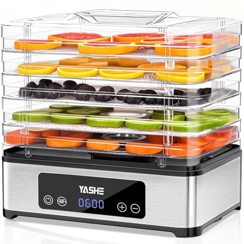 YASHE Essiccatore Alimentare 5 Vassoi in Acciaio Inox, Timer 48H & Controllo Temperatura, Aria 360°, Senza BPA, 400W Essiccatore Frutta e Verdura per Carne Secca, Erbe e Snack per Cani