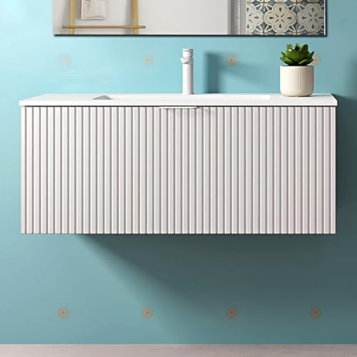 Yellowshop - Mobile da Bagno Sospeso Bambi 80 e 100 cm Bianco Opaco, Noce Maya, con Lavabo in Ceramica, Ante Rigate, Design Moderno, Soft Close, Arredo Minimal (Bianco Opaco, 100 cm Mobile e Lavabo)