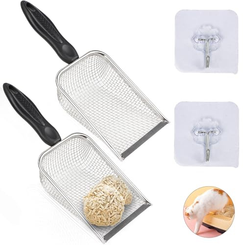 Katzenklo Schaufel Metall,2 Stück Katzenschaufel Edelstahl für Katzenklo Haustierschaufel Durchwurfsieb Rutschfester Griff für Alle Katzenstreu Erde Sand Steine Kompost Gartenerde (3.8/5mm Masche)