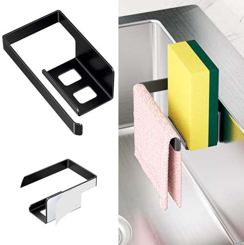XILIMEN Kitchen Sink Caddy Tidy, Metal Sponge Holder for Kitchen Sink, 2 In 1 Dish Sponge and Dishcloth Holder with Adhesive, Kitchen Sink Organiser for Sponges, Gloves and Dish Cloth, Black