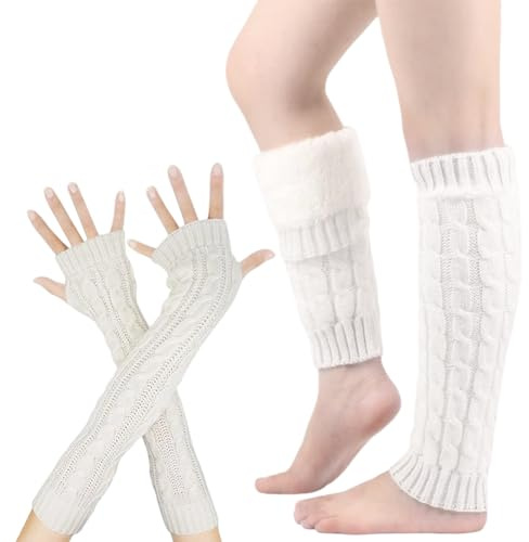 Calentadores Piernas Mujer, Leg Warmers Elasticidad Calentadores De Piernas De Punto,Guantes Elásticos Para Piernas Adecuadas Para Otoño e Invierno (Blanco 2)
