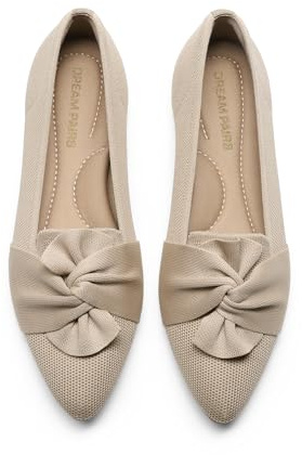 DREAM PAIRS Flats for Women Pointed Toe Foldable Knit Ballet Flats Comfortable Slip-On Dress Shoes Elegant Bow Flats for Work Office Business Casual Travel,Size 9,Nude,SDFA26001W
