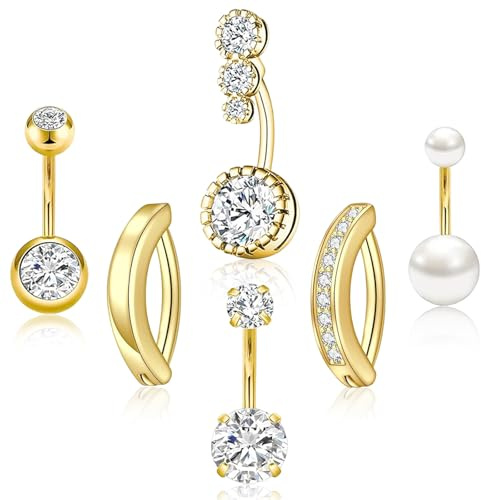 6 Pcs Gold Belly Button Bars, Stainless Steel Pearl Navel Rings Set