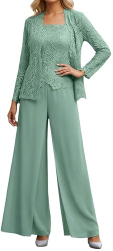Duohropke 3 pezzi tuta da donna per il tempo libero, elegante pizzo, cardigan e pantaloni in chiffon, per matrimonio, cocktail, abito da sera, verde chiaro, XL
