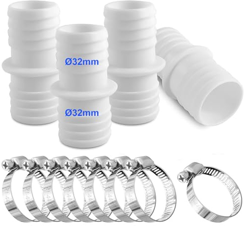 Cuidongsheng 4 PCS Adaptador de Manguera para Piscina 32 mm,Conector Manguera de Piscina 32 a 32 mm,Conectores con 8 Abrazaderas, Apto para Mangueras de 32mm de Diámetro