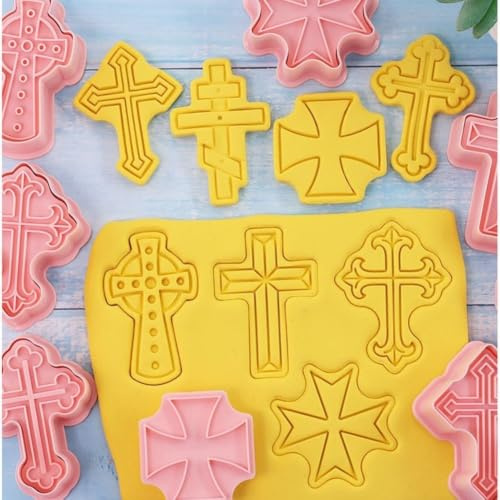 MKTOLHUS Cortadores de galletas de Pascua, 8 piezas, en forma de cruz, juego de cortadores de galletas de material PP, herramientas de horneado rosa para decoración de fondant de cocina, fácil de