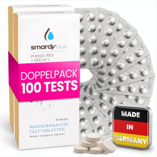 smardy 100 fotometertesttablettset, 20 x fenol röd, DPD1, DPD3 | Plus 20 x Alka-M och CYA, för PoolLab och elektroniska pooltestare, vattenanalys för pool och bubbelpool, Made in Germany
