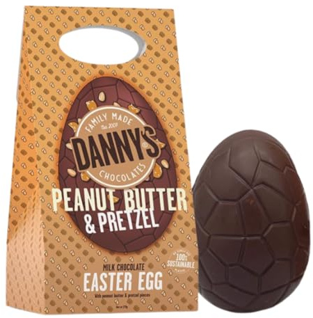 Danny's Chocolates Peanut Butter & Pretzel Easter Egg 155g - Easter Eggs Milk Chocolate - 41% Cacao Easter Chocolate Eggs for Kids - Sustainable Zero Plastic Packaging - Family Made