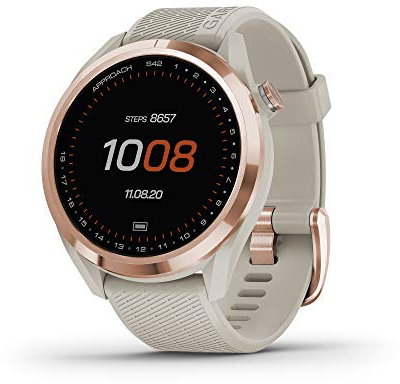 Garmin Approach S42, GPS Golf Smartwatch, leggero con touchscreen da 1,2 pollici, 42k+corsi precaricati, lunetta in ceramica oro rosa e cinturino in silicone marrone chiaro, 010-02572-12
