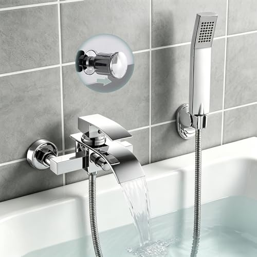 ROVOGO Badewannenarmatur Wasserfall mit Handbrause, Aufputz Einhandmischer Wannenarmatur mit Messing Umstellung, Badewanne armatur mit Brausehalter und 150 cm Schlauch für Bad Dusche, Chrom