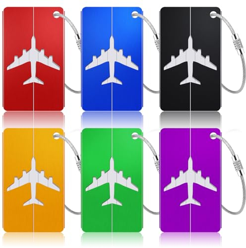 6 Stück Kofferanhänger mit Adressschild, Aluminium Kofferanhänger Flugreise mit Edelstahldrahtschlaufe und Wasserdichtem PVC Namensschild Gepäckanhänger für Reisetaschen, Koffer, Rucksäcke, Handtasche