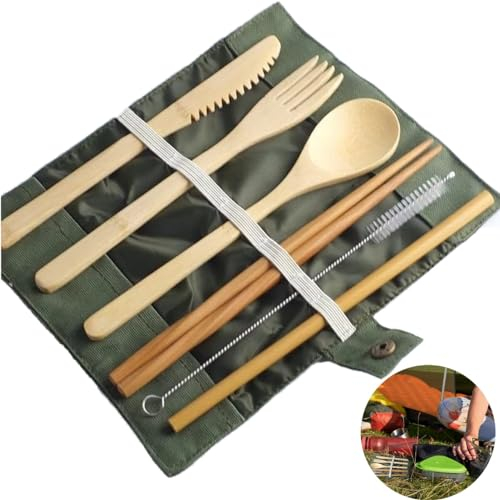 Bamboo Cutlery Set, 6-Piece Reusable Bamboo Tableware Utensils Set, Eco-Friendly Bamboo Cutlery Set With Chopsticks and Straw for Picnics, Travel and Camping, Includes Cleaning Brush and Storage Pouch