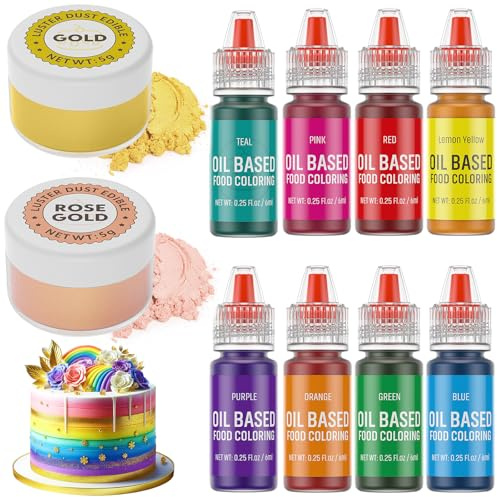 Luster Dust 2 Color & Oil Based Food Coloring for Chocolate 8 Color Set, Edible Food Dye and Shimmer Cake Dust Metallic Food Coloring Powder Glitter for Chocolate Candy Cake Decorating Baking Cookie
