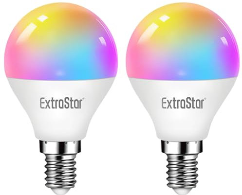EXTRASTAR G45 E14 Smart Bulb, Alexa Light WiFi LED Golf Ball Bulbs, 6W 600lm, WiFi RGB Color Dimmable Multicolor + Warm or White Light, Compatible with Alexa and Google Home, Pack of 2
