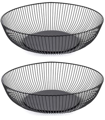Tefrine 2 Pcs Black Wire Fruit Basket Set, 28x7.5cm Modern Metal Fruit Bowl for Kitchen, Large Round Steel Wire Fruit Bowl, Ideal for Fruits, Vegetables, and Snacks