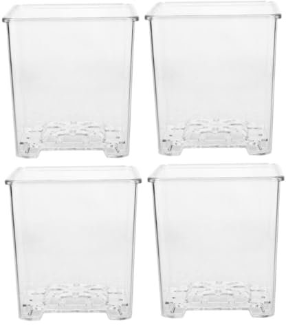 HANABASS Lot de 4 Pots de Plantation en Acrylique Transparent pour Orchidées et Plantes D’intérieur, Carré Taille 1 sans Soucoupe, Léger et Respirant pour Jardinage Maison