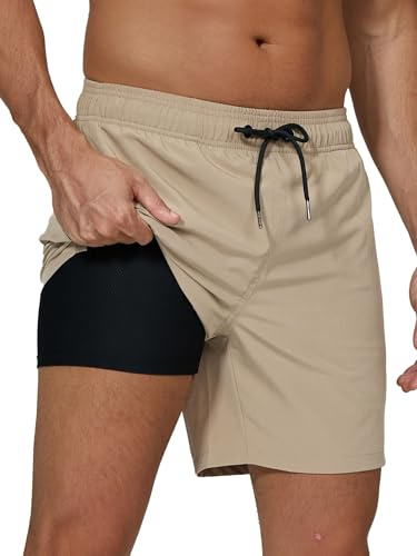 Arcweg Herrbadbyxor med boxershorts fodrade badshorts kompressionsfoder 2-i-1 strandshorts med ficka med dragkedja surf, Ljus khaki, 3XL