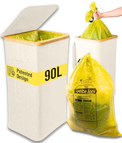 Deco haus Yellow Bag Stand 90 L [Extra Carry Bag] - Yellow Bag Bin - Sturdy Bin Bag Stand Extra for Yellow Bags - Bin with Lid - Rubbish System for Kitchen and Household - Beige