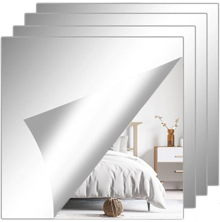 ZexJpr Spiegel Zum Kleben, 4 Stück Selbstklebende Spiegelfolie 20x20cm, Wandspiegel für Badezimmer, Wohnzimmer und Schlafzimmer