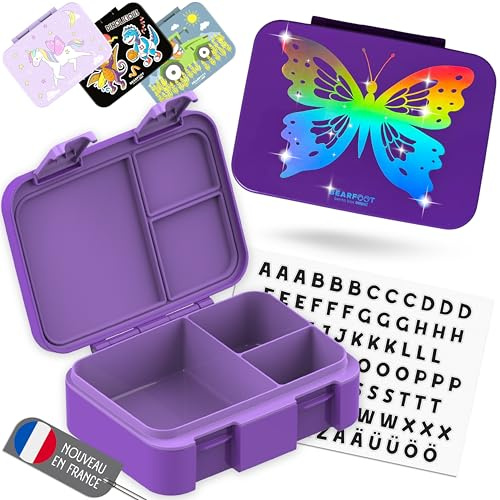 BEARFOOT Bento Box COMPACT Kinder Brotdose (GLOW-Schmetterling-dunkellila, 650 ml)