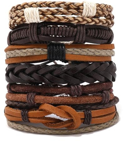 Glanzend Leather Bracelet, 6Pcs Adjustable Fashion Braided Men & Women Rope Bracelet Cuff Vintage Bracelets Wrap Set Series