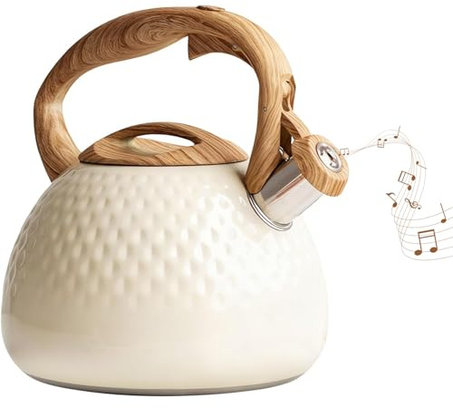 Stove Top Kettle,3L Whistling Kettle for Gas Hob with Wood Pattern Handle Loud Whistle Food Grade Stainless Steel,Anti-Hot Handle and Anti-Rust,Suitable for All Heat Sources,Beige
