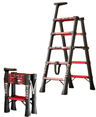 Fischgrätenleiter, Leichte Teleskopleiter mit Breiten Stufen und Handlauf-Stabilisatorstange, 150 kg, Einfach zu Verstauen für Reparaturen im Haushalt und Im Freien, Wohnmobil-Camping(Rouge,5)