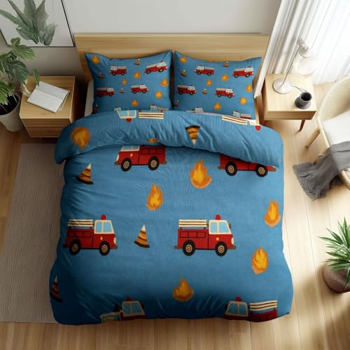 Feuerwehrauto Flammen Weiche Bettwäsche 155 x 200 cm, Cartoon Kinderillustrationen Atmungsaktives Bedrucktes Deckenbezug Set für Alle Jahreszeiten - Hautfreundlicher Bettbezug mit Reißverschluss