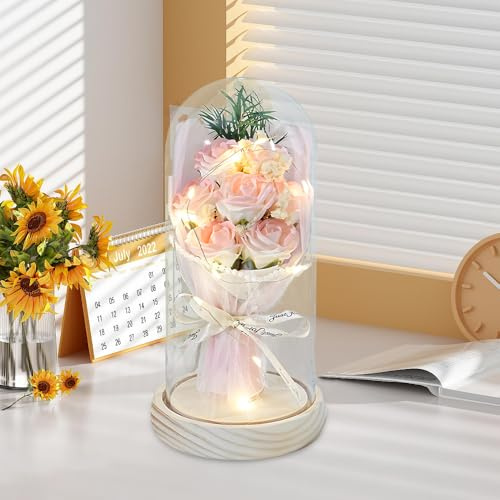 Jonuin 7 Eternal Roses in Glass Dome, Artificial Flowers Rose with LED Lights & Real Wood Base, Light Up Rose in a Glass Dome, Gift for Wife, Mum, Valentine's Day, Anniversary, Birthday, Chiristmas