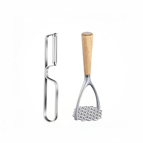 Juego de triturador de patatas con pelador de acero inoxidable, triturador profesional de alimentos para el hogar con mango de madera, perfecto para frijoles, verduras, frutas, aguacate, calabaza