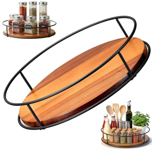 YOYEAH Organizador de Platos giratorios de Madera, estantería giratoria de Especias Lazy Susan, Armario de Cocina Redondo de 9 Pulgadas y 360° de Madera de Acacia, Placa giratoria con Antideslizante