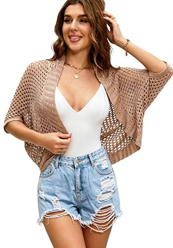 Dosieyeo Chaqueta de punto de verano para mujer, ligera, abierta, de ganchillo, manga de murciélago, de gran tamaño, para bikini