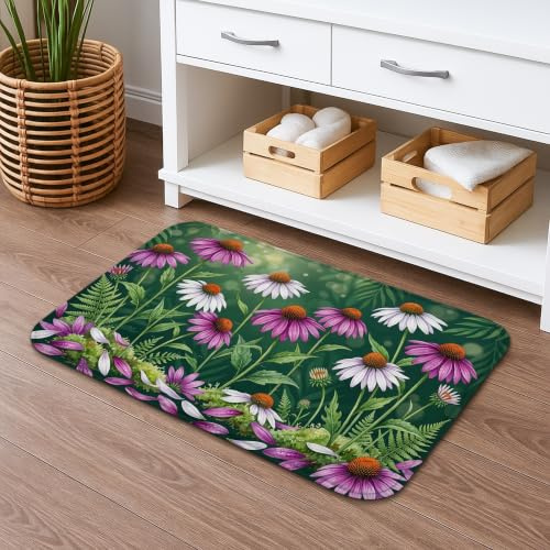 Badematte mit Vintage-Blumenmuster, schnell trocknend, violette Chrysanthemen-grüne Blätter, saugfähig, rutschfest, Frühlingsdekor, Flanell, waschbar, Badteppiche für Badezimmer, WC, 50,8 x 81,3 cm