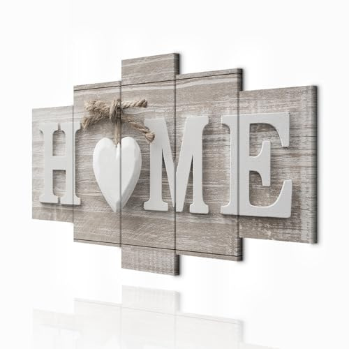 decomonkey Wandbilder Home Haus 200x100 cm XXL 5 Teilig Leinwandbilder Herz | Bild auf Leinwand, Kunstdruck, Wanddeko, Wohnzimmer, Wanddekoration, beige
