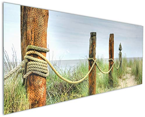 Wallario Küchenrückwand aus Glas 125 x 50 cm, Motiv: Düne am Strand mit Holzpfahl | Spritzschutz abwischbar & pflegeleicht