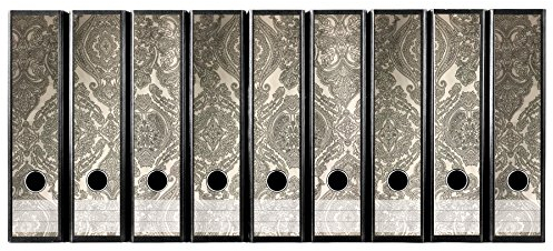 codiarts. Ordnerrücken selbstklebend | Etiketten Set für 9 breite Ordner | gestantzt mit Griffloch | Rückenschild breit | Vintage Design Ornamente grau beige