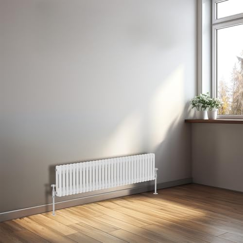 NRG Radiador tradicional blanco brillante de hierro fundido de 2 columnas de calefacción central horizontal radiador de baño 300 x 1460 mm
