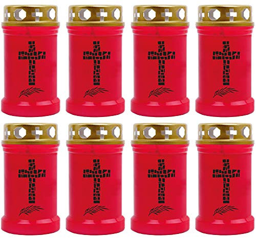 HScandle, candela tombale, confezione da 8 pezzi, colore rosso, durata di circa 40 ore per candela, motivo: croce