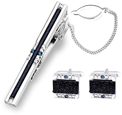 BagTu Shinning Galaxy Stone Manschettenknöpfe und Krawattenklammer-Set mit Geschenkbox und Grußkarte, Strip Galaxy Dark Blue Manschettenknöpfe und Krawattenklammer-Geschenkset für Herren