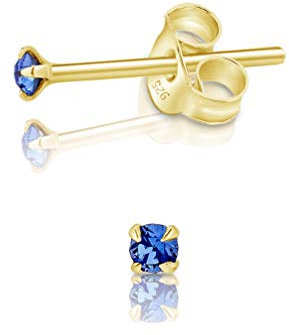 Pendientes de Botón Plata Ley 925 Chapados Oro 24K on Cristales Brillantes Azul Zafiro 2 mm - Pendientes Dorados para Mujer - Punto de Luz Hipoalergénicos