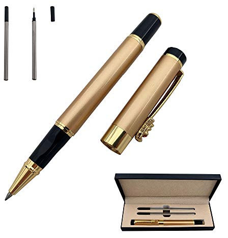Accod Kugelschreiber mit feiner Spitze, High-End Business Signature Pen Metall Pen Clip schwarze Tinte Tintenroller mit zwei 0,5 mm minen Geschenkstift Premium Geschenkbox (Gold)
