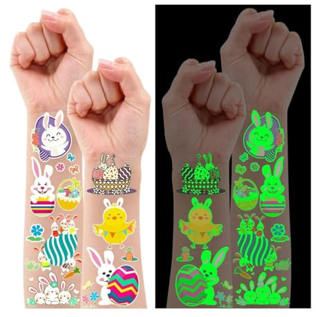 Leesgel Oster Tattoo für Kinder, 12 Blatt Leuchtende Kindertattoos für Ostergeschenke Korbtüten Füllstoffe, Kleine Ostergeschenke Kinder, Mitgebsel Ostern Kinder Kleinigkeit