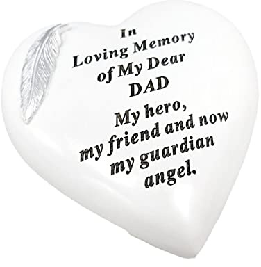Memorial Stone Heart Plaques Grave Ornaments - Personalised Grave Decoration White & Silver Plaques with Feather- Outdoor Memorial Plaques 15 x 15cm (Dad)