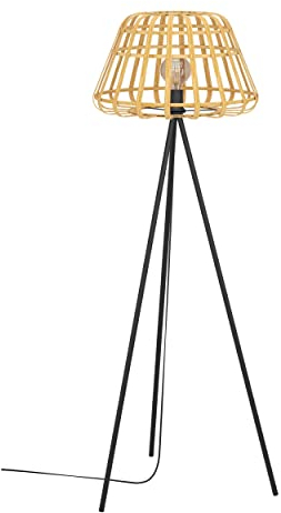EGLO Stehlampe Montezuelo, Stativ Stehleuchte, Standleuchte Dreibein aus Metall in schwarz und Bambus, Lampe Wohnzimmer mit Schalter, Wohnzimmerlampe mit E27 Fassung