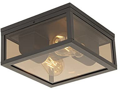 Qazqa Modern außen Deckenleuchte, Deckenlampe für den Garten - Charlois - Schwarz mit Rauchglas, max. 40W, Geeignet für LED, 24cm, IP44, Quadratisch, 2-flammig