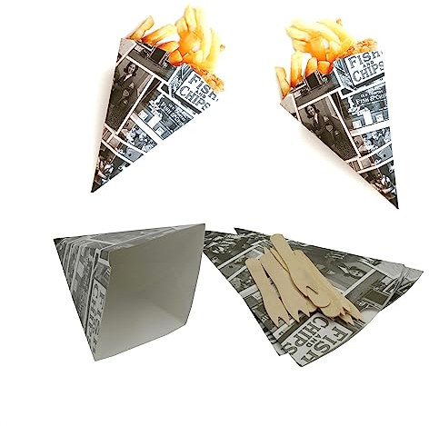 Sunrise Packaging 50 x Newsprint Design Paper Cones for Chips with 50 x Wooden Chip Forks - Recyclable and Biodegradable Food Safe Greaseproof Paper Chips Shop Cones - Traditional Style Food Display