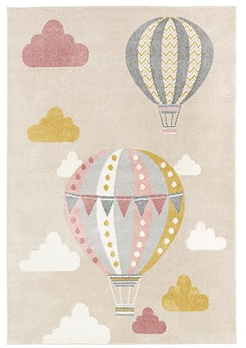 RugVista Balloon Ride, Kinderteppich, Moderne Teppiche, 200 x 140 cm, Rechteckig, Niedriger Stapel, Kinderzimmer, Nur chemische Reinigung, Ohne gefährliche Chemikalien, Beige/Rosa