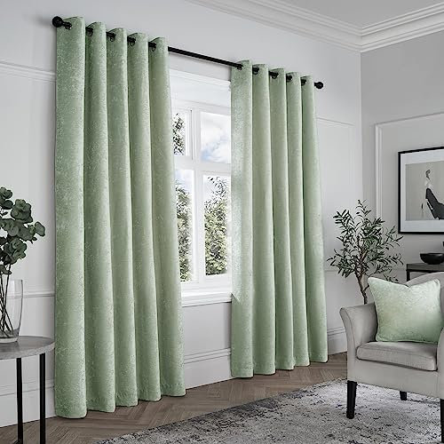 Curtina - Sage Green Woven Curtains W66 x L72 (168 x 183cm) - Light Green Eyelet Curtains - Textured Chenille Curtains in Green - Luxury Curtains & Drapes for Bedroom/Living Room - Weave Drapes