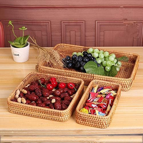 Vassoio da Portata in Rattan, Cestino per Il Pane in Vimini Intrecciato a Mano Vassoio Portaoggetti Rettangolare per Tessitura Decorazione Piatto per Colazione, Tè, Bevande, Pane(Set of 3)