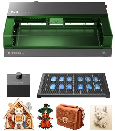 xTool S1 20W Graveur Laser avec Panneau de Travail et Assistance d'air, Positionnement à Pin Points, Autofocus, 600 mm/s, 498 x 333 mm, Gravure Laser pour Bois, Métal, Cuir, Acrylique, Verre - Noir